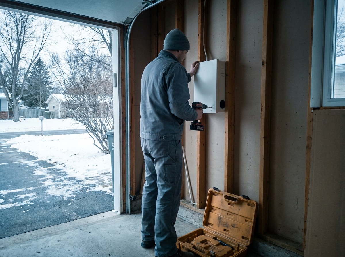 An Alder electrician mounting a Level 2 EV charger in a garage