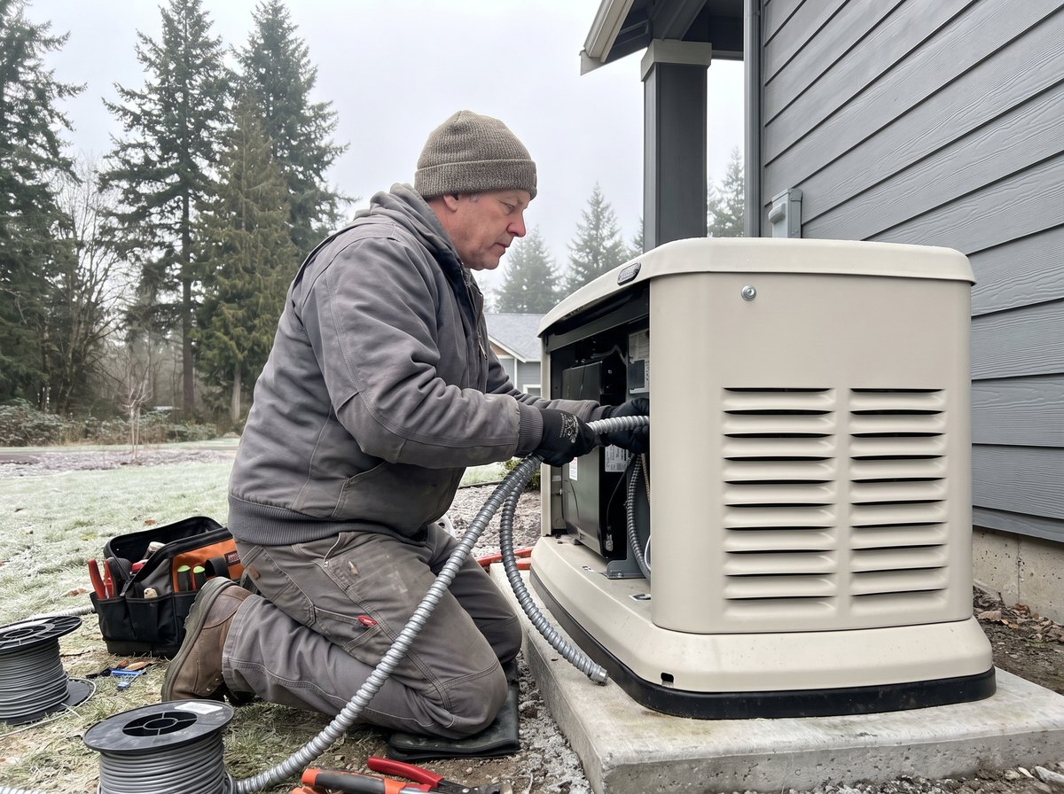 Alder electricians connecting a standby generator on a frosty morning