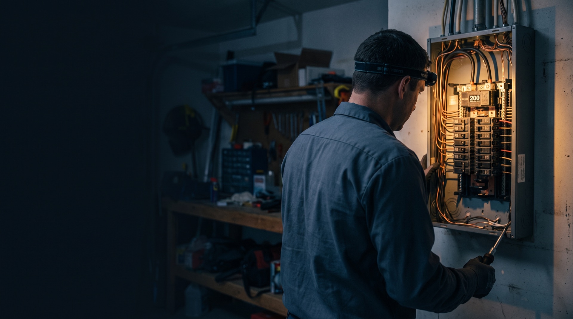 An Alder electrician with a headlamp torque-checking breakers in an open 200-amp panel in a dim garage