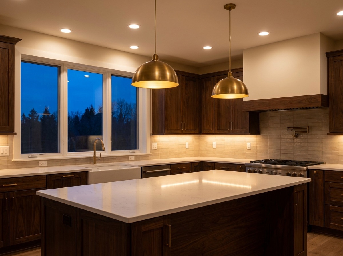 A kitchen at dusk with layered recessed and pendant lighting installed by Alder