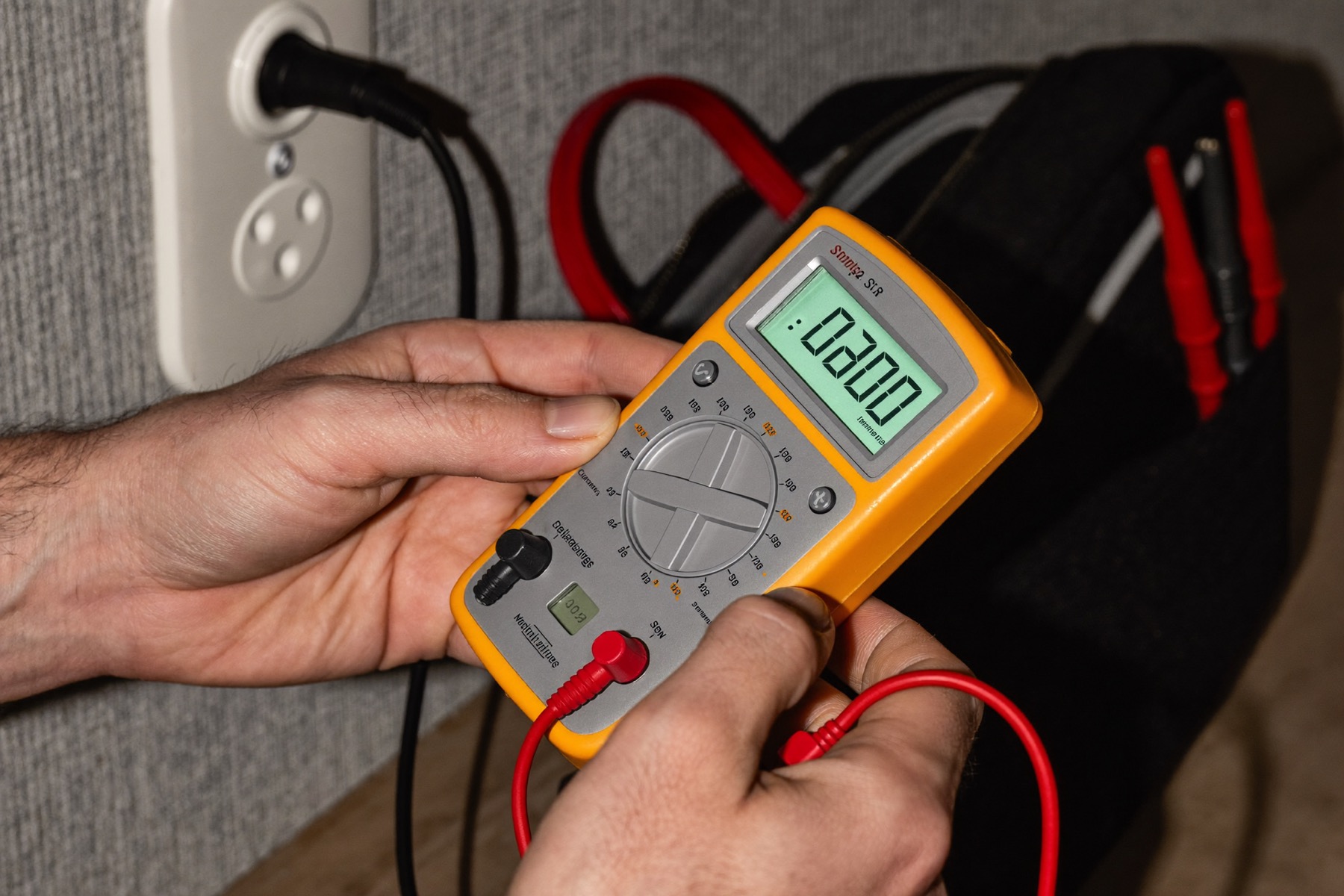 An Alder electrician testing an outlet with a multimeter