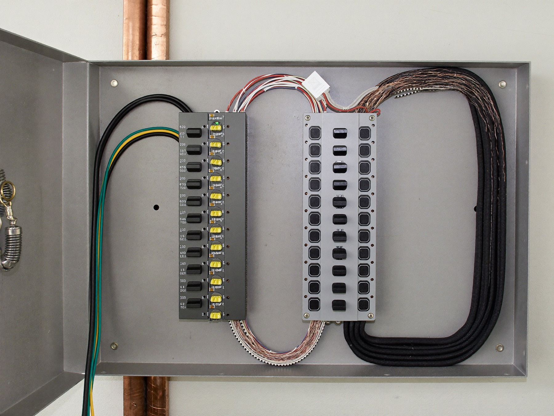 A finished 200-amp panel with perfectly combed wire runs