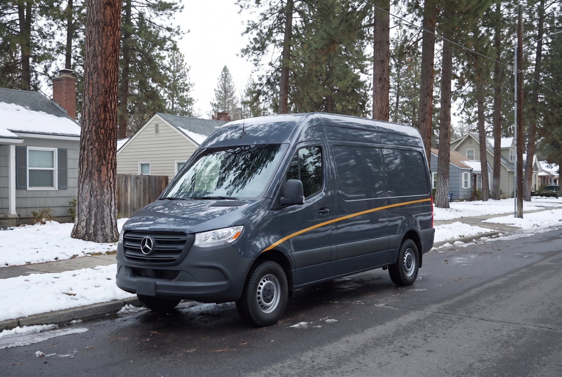 An Alder Electric van at the kerb on a snow-edged Spokane residential street